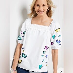 Talbots Plus Women’s Embroidered Poplin Top- Scattered Butterfly Size 3X White